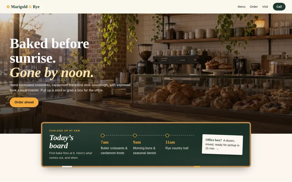 The Marigold & Rye sample site on a desktop screen: a bakery counter photo with the headline Baked before sunrise, gone by noon