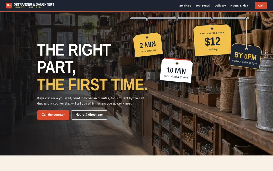 The Ostrander & Daughters sample site on a desktop screen: a hardware store aisle with the headline The right part, the first time