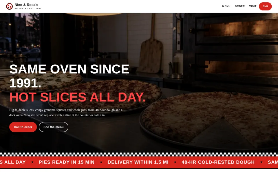 The Nico & Rosa's sample site on a desktop screen: a dark pizzeria photo with the headline Same oven since 1991, hot slices all day