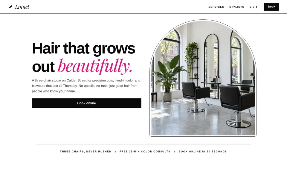 The Linnet sample site on a desktop screen: a bright salon photo with the headline Hair that grows out beautifully