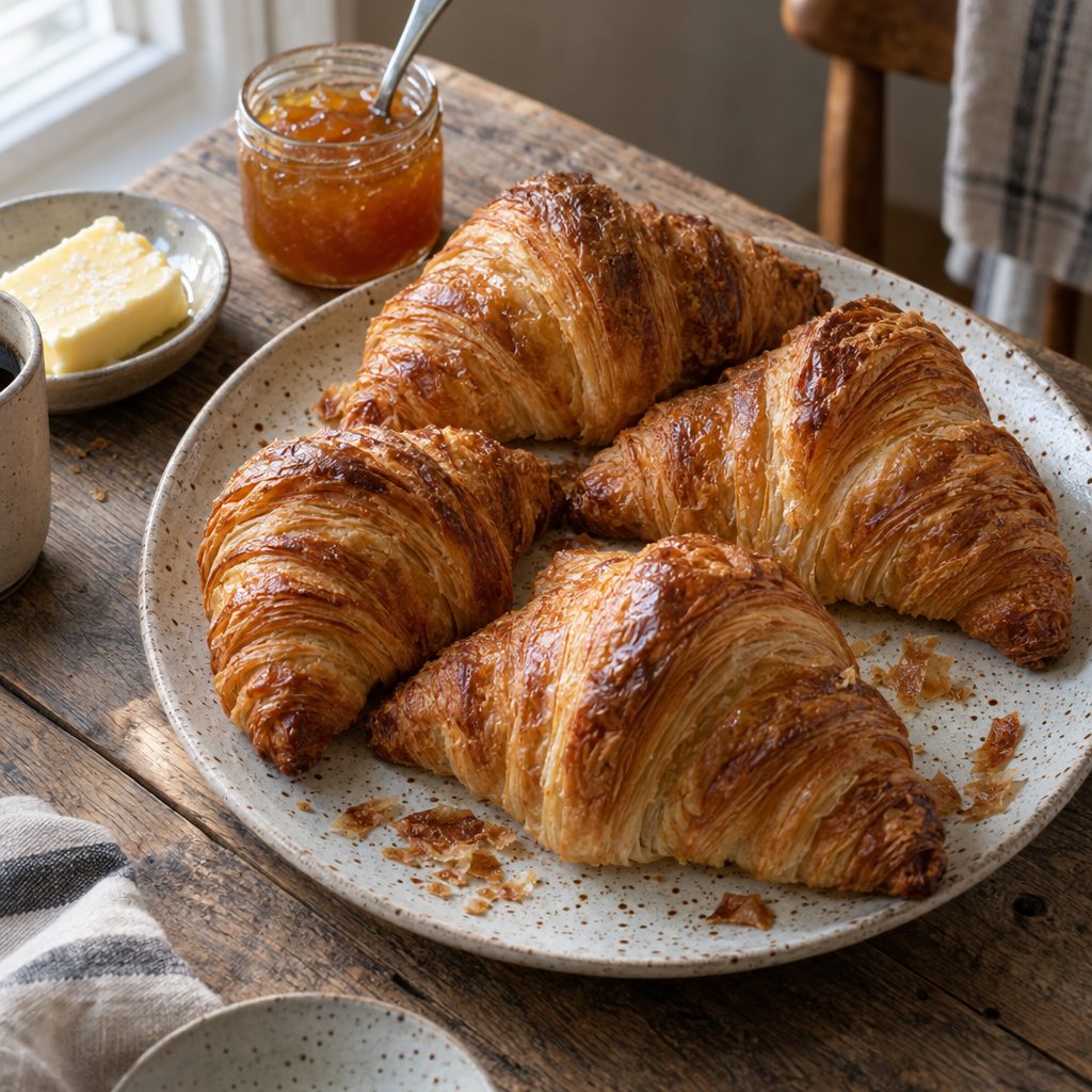 Golden butter croissants on a stoneware plate with butter and apricot jam