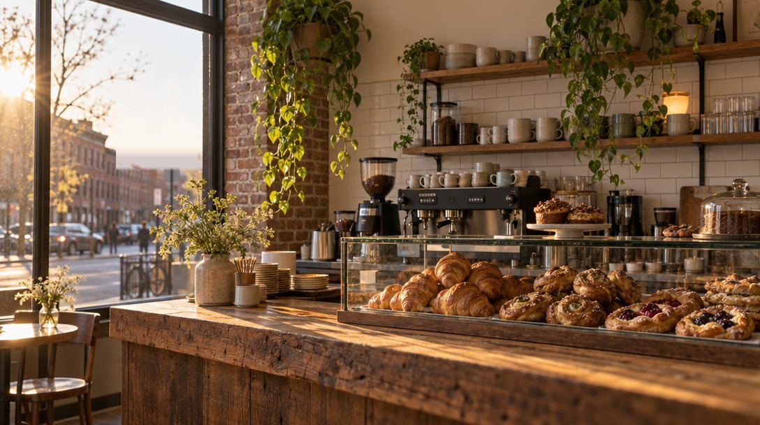 Sunlit bakery counter with a pastry case full of croissants and cardamom knots