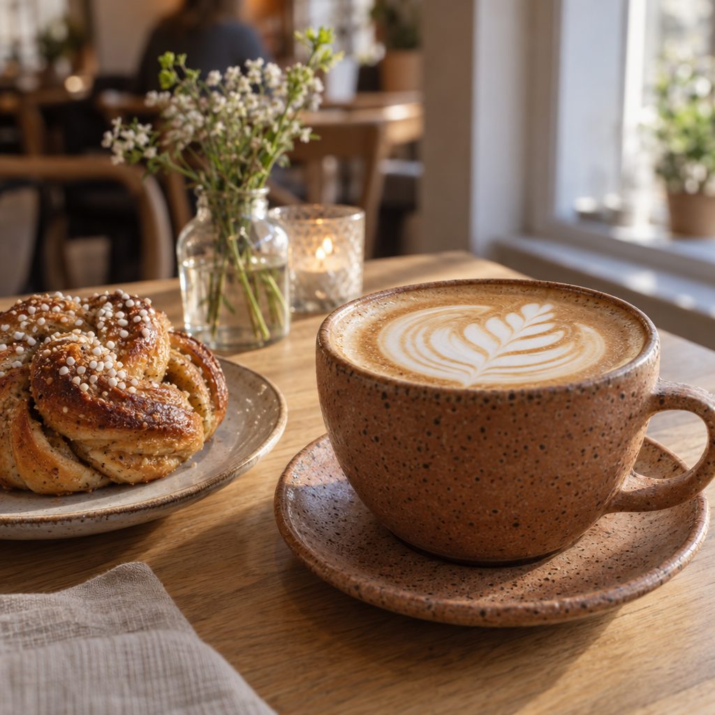 Cappuccino with rosetta latte art next to a cardamom bun