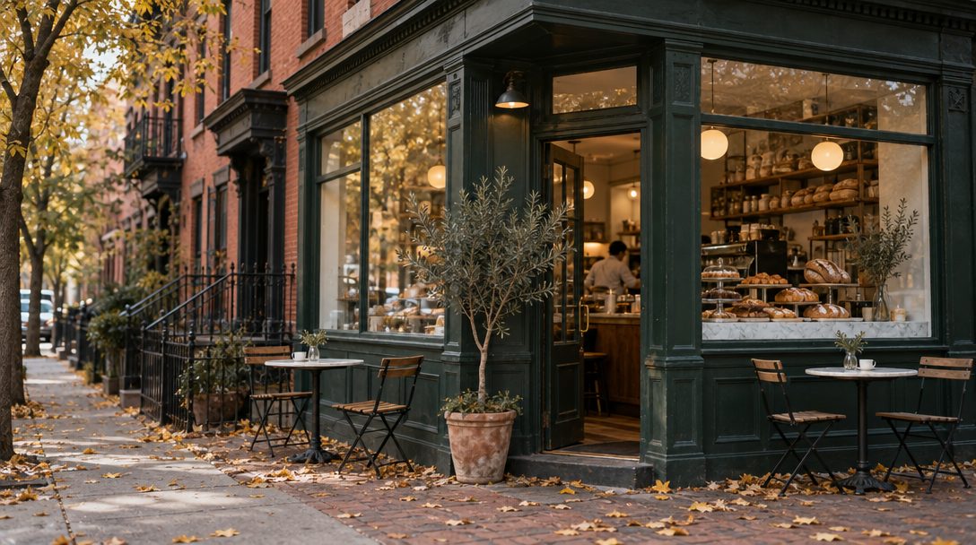 Green-painted corner cafe storefront with bistro tables on a brick sidewalk