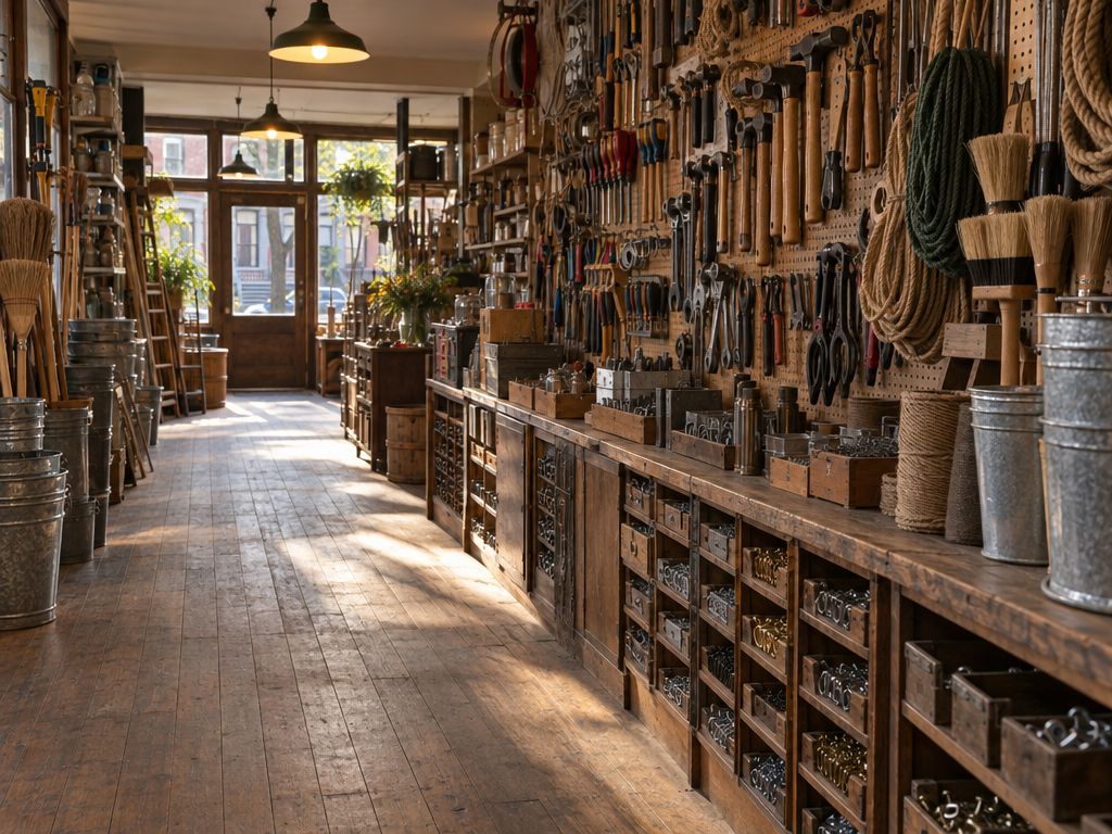 A narrow aisle of an old neighborhood hardware store, pegboard walls full of tools and afternoon light at the front windows