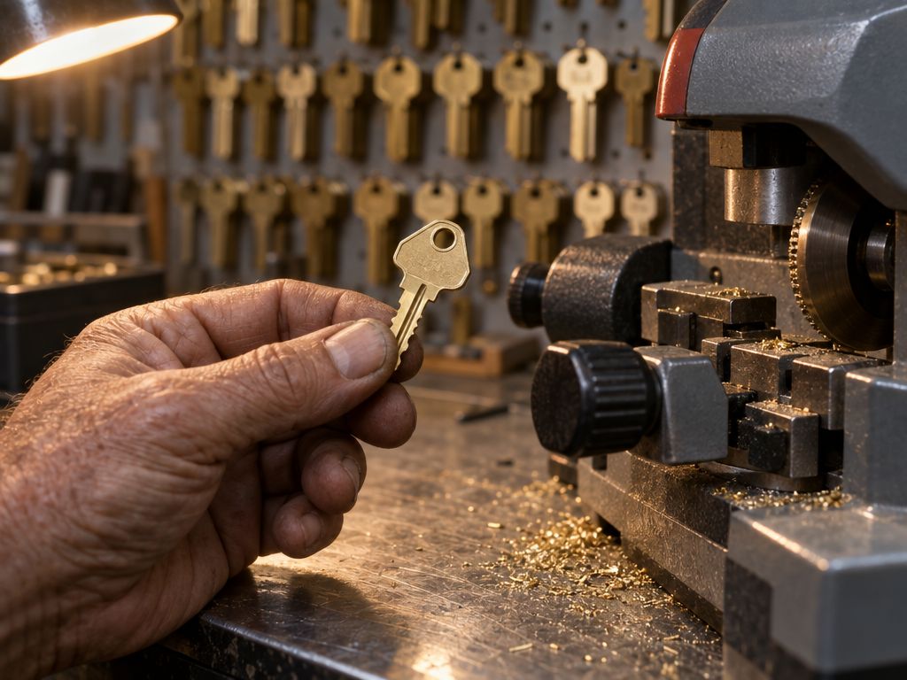 A freshly cut brass key held next to a key duplicating machine