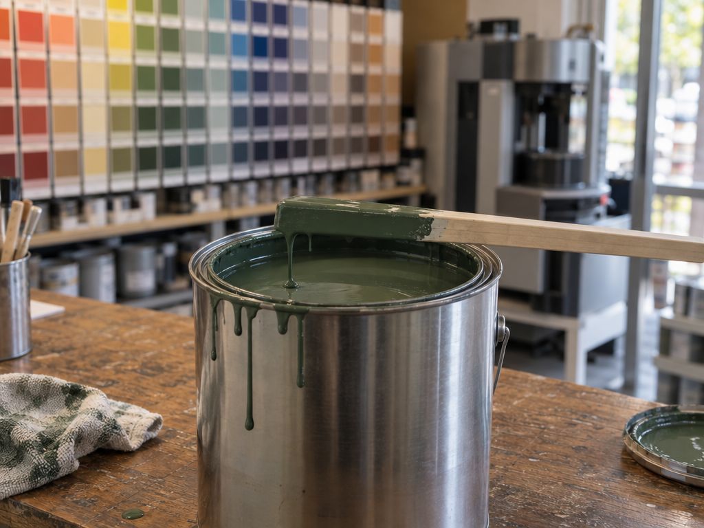 An open gallon can of freshly mixed sage green paint with a wooden stir stick