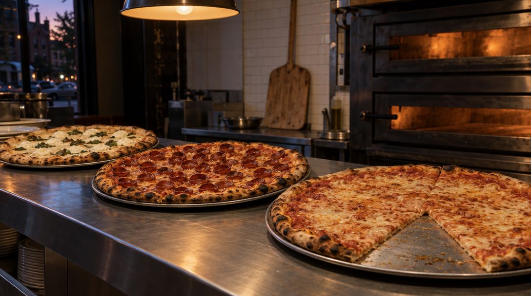 Three whole pies on metal trays on a pizzeria counter, a deck oven glowing behind