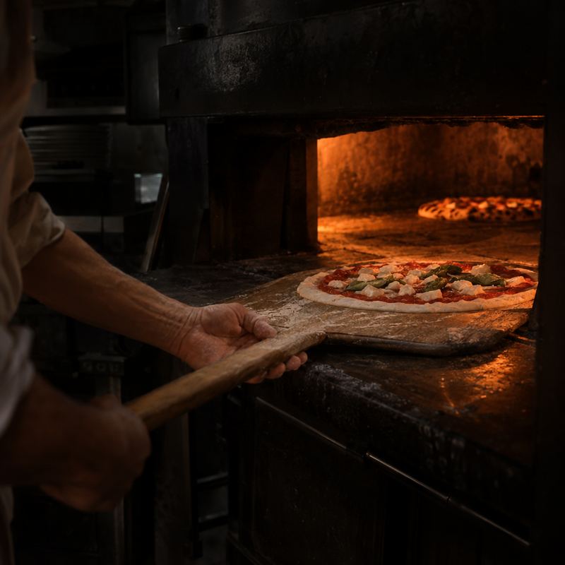 Hands sliding a raw pizza on a wooden peel into a glowing deck oven