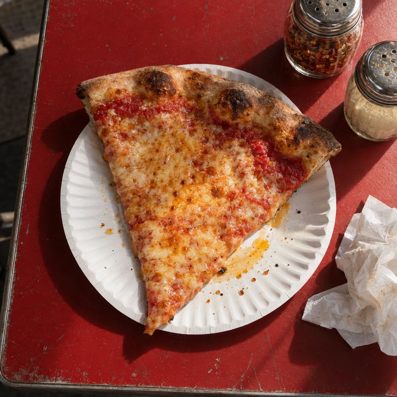 A cheese slice on a paper plate on a red table beside pepper flakes and parmesan