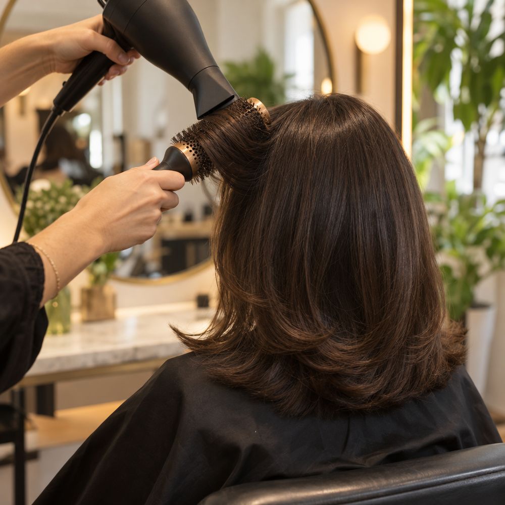 Stylist smoothing glossy shoulder-length brown hair with a round brush and blow dryer