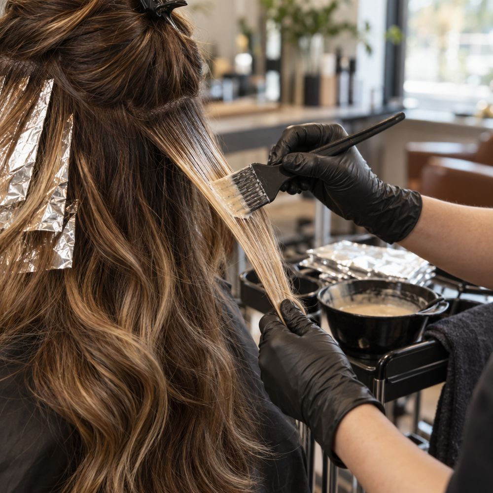 Gloved colorist hands painting honey-blonde balayage onto long wavy brown hair, foils and a tint bowl beside