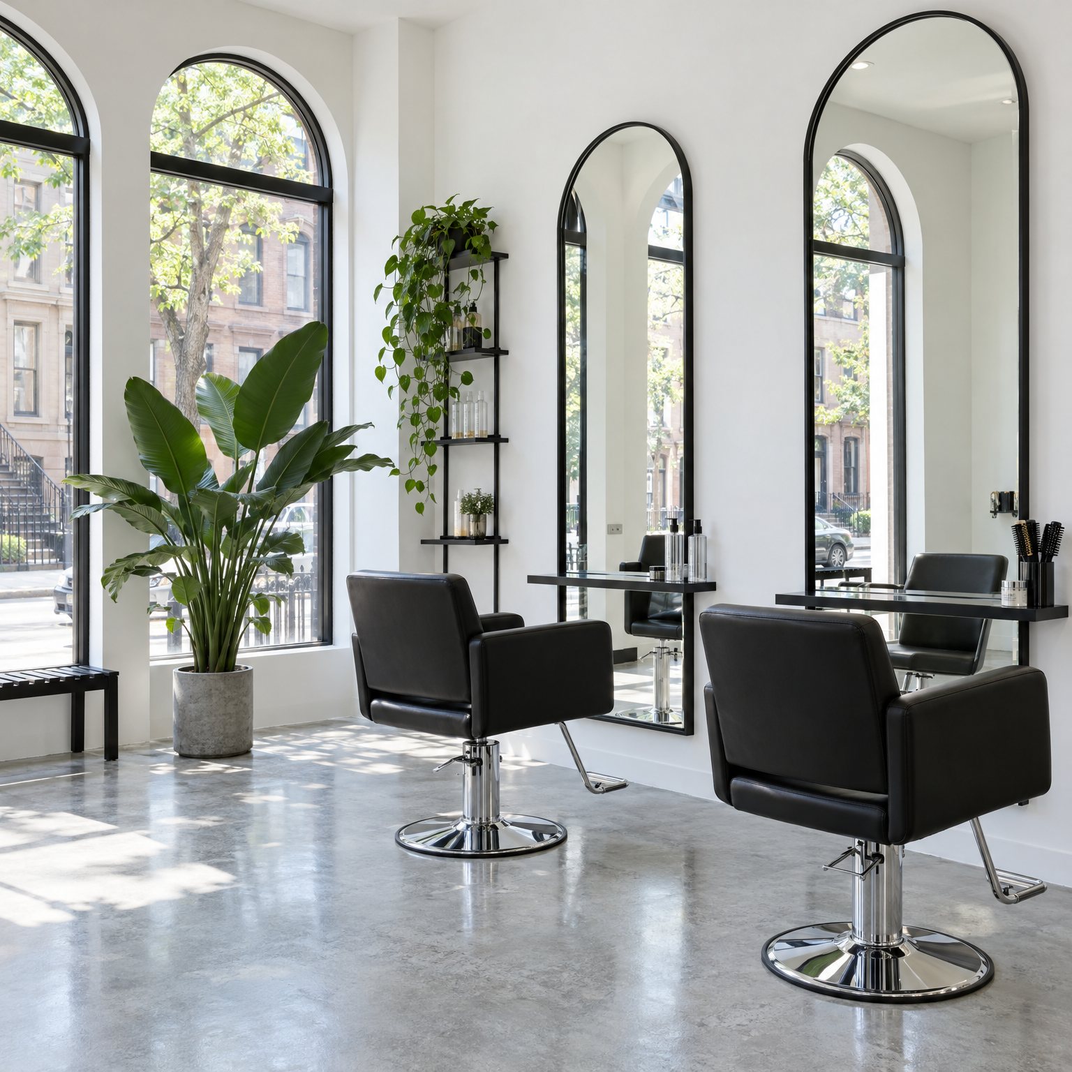 Bright white salon with two black leather styling chairs, tall black-framed arched mirrors and arched front windows